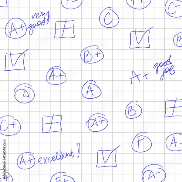 Fototapeta School student pattern checkered notebook sheet with blue pen grades