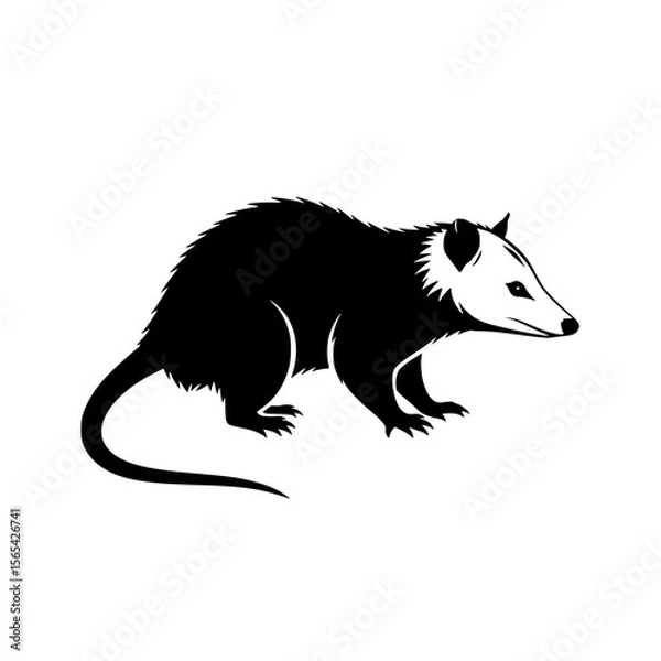 Obraz Black and White Silhouette of a Curious Opossum Standing on All Four Legs in a Side View