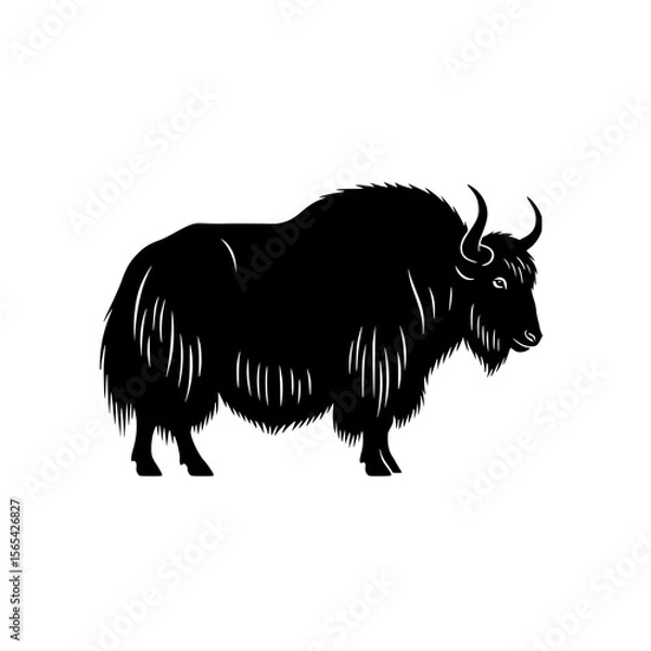 Obraz Majestic Black Silhouette of a Fluffy Yak Standing Proudly on a White Background