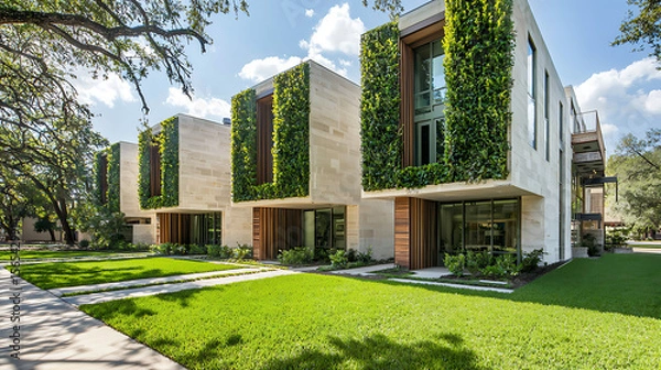 Fototapeta A row of three buildings with green ivy growing on the side