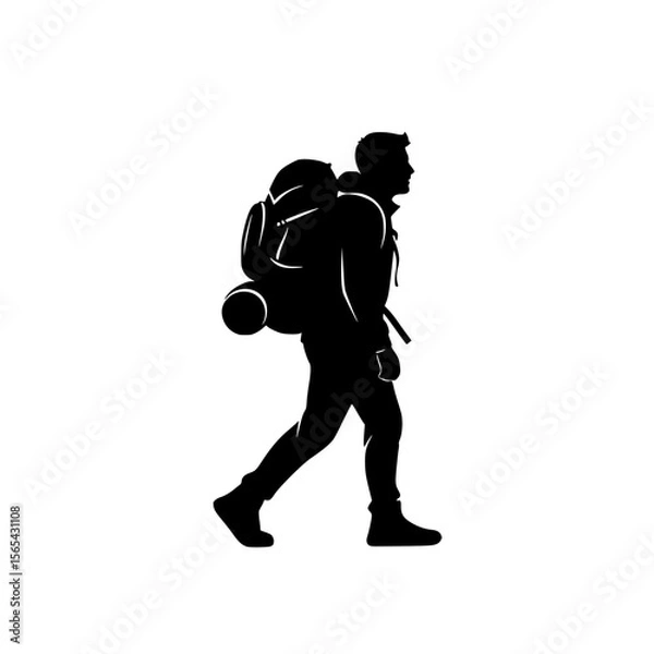 Obraz Silhouette of a Hiker Walking with a Large Backpack and Sleeping Bag