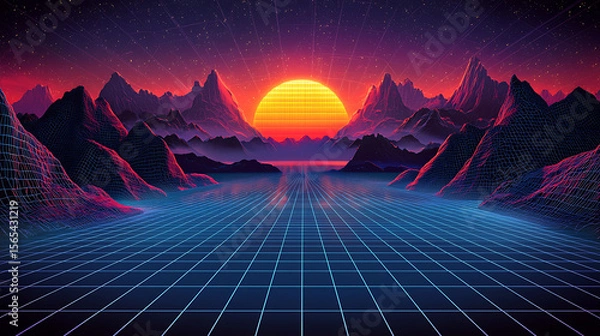 Fototapeta A computer generated image of a mountain range with a sun in the sky