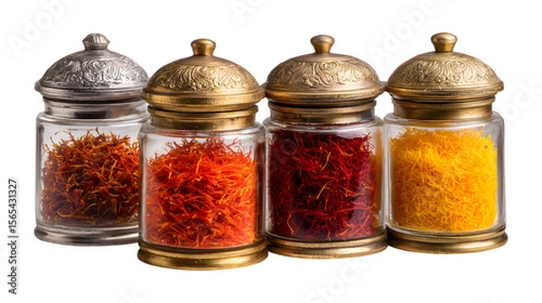Fototapeta High-Quality Saffron isolated in 5 different containers silver brass glass and stone isolated on a white background