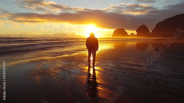 Fototapeta A man is walking on a beach at sunset