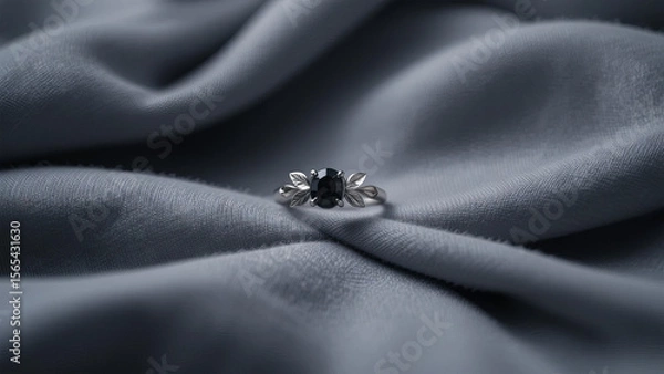 Fototapeta Elegant silver ring with a black oval gemstone and leaf design on soft grey fabric