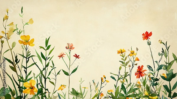 Fototapeta A painting of a field of flowers with a yellow background