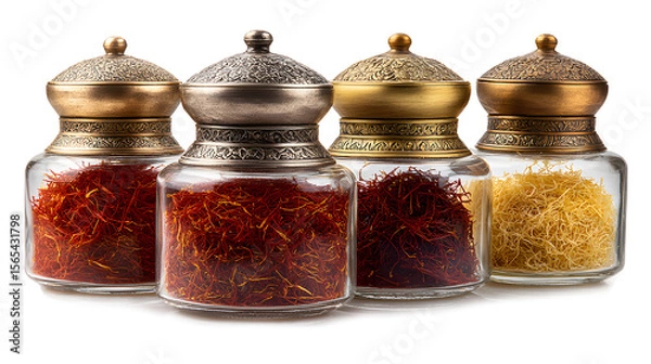 Fototapeta High-Quality Saffron isolated in 5 different containers silver brass glass and stone isolated on a white background