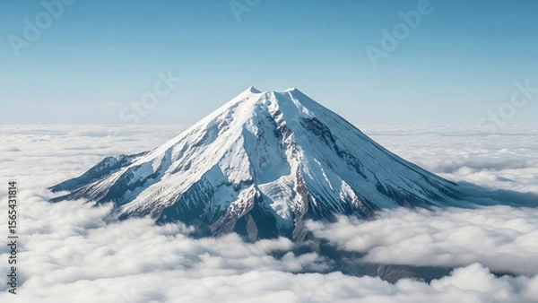 Fototapeta Majestic snow capped volcano peak emerges from a blanket of clouds under a clear blue sky