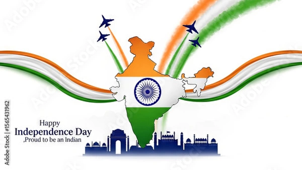 Fototapeta Indian independence day celebration with fighter jets flying over the map of india