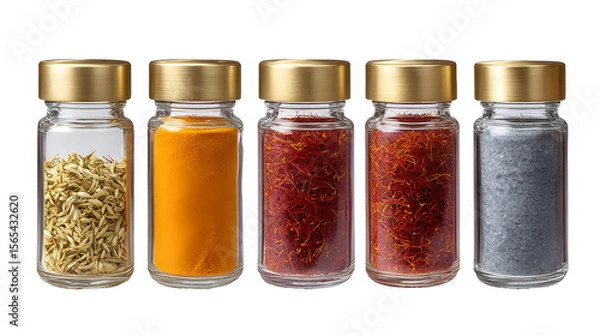 Fototapeta High-Quality Saffron isolated in 5 different containers silver brass glass and stone isolated on a white background