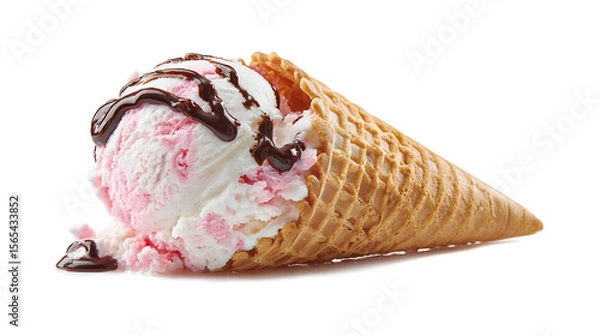 Fototapeta ice cream cone scoop of ice cream pink and white chocolate syrup waffle cone isolated on a white background
