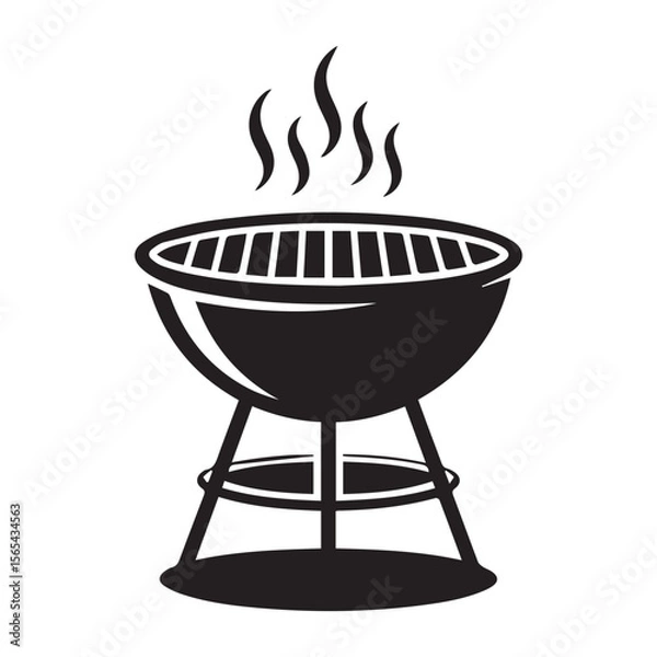 Fototapeta Simple black silhouette of a barbecue grill with smoke rising from the cooking grate on a white background