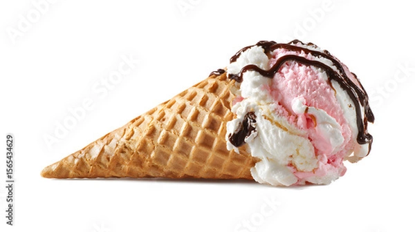 Fototapeta ice cream cone scoop of ice cream pink and white chocolate syrup waffle cone isolated on a white background