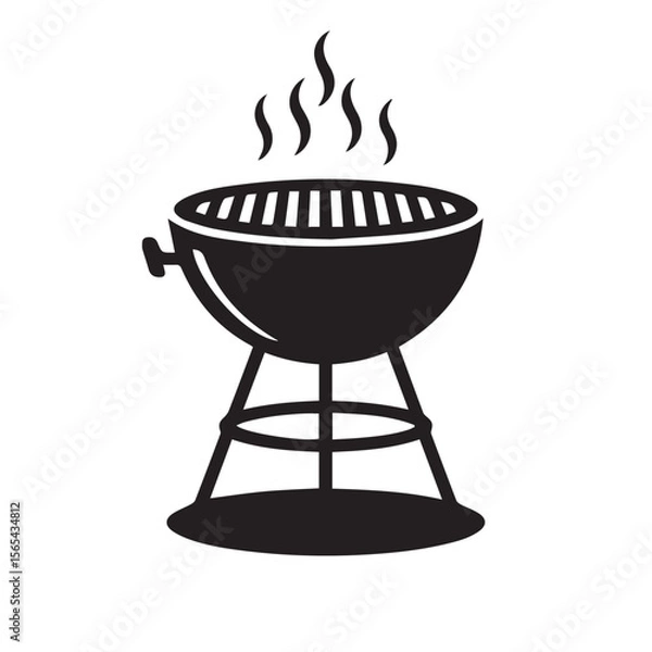 Fototapeta Simple black silhouette of a round charcoal barbecue grill with smoke rising from the cooking grate and a white background