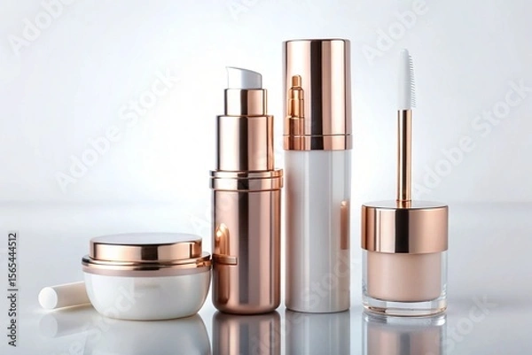 Fototapeta A luxurious set of skincare and makeup products in elegant rose gold and white containers