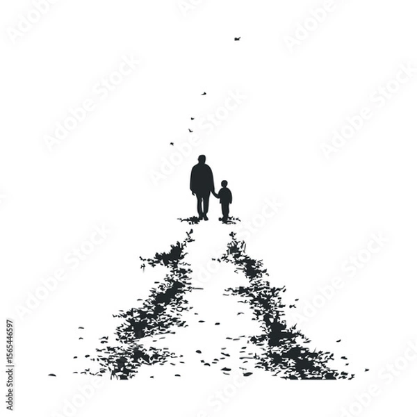 Fototapeta Silhouette of adult and child walking on pathway surrounded by nature
