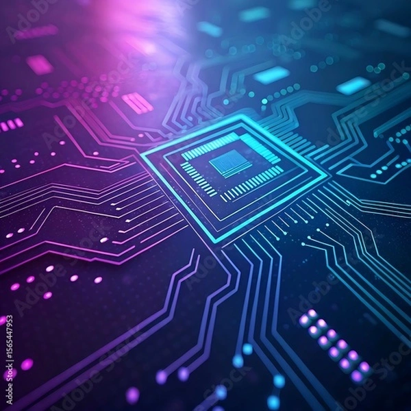 Fototapeta Futuristic circuit board with glowing neon lines and central processor chip