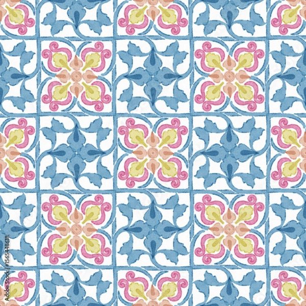 Fototapeta Geometric Floral Grid Seamless Pattern, digital and textile print design for wallpaper, rug, fabric