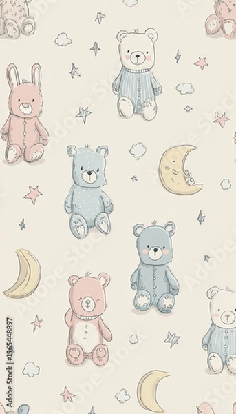 Fototapeta Cute seamless pattern with teddy bear and bunny in pajamas, moon, stars, and clouds, creating cozy and dreamy atmosphere