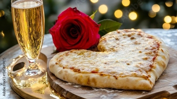 Fototapeta Heart-shaped pizza with champagne and rose on festive table  