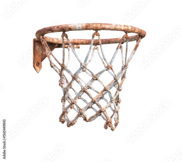 Fototapeta Vintage Basketball Hoop with Rusty Net Hanging on a Wall Showcasing Wear and Tear in Urban Environment