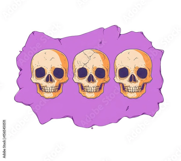 Fototapeta Three Colorful Skulls on a Purple Background, Graphic Design Element for Halloween or Gothic Themes