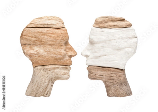 Fototapeta Abstract wooden faces representing human connection, communication, and duality in art, nature, and emotion exploration