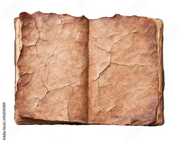 Fototapeta Old weathered open book with cracked pages showing aged paper texture and antique design for historical and vintage themes