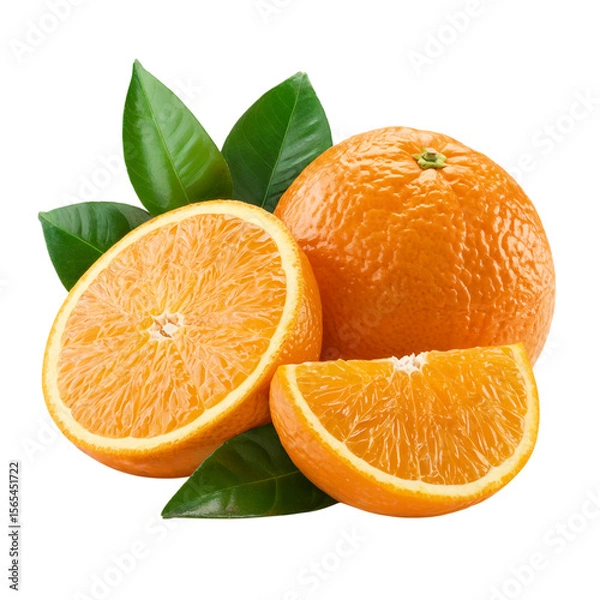 Obraz Fresh oranges and slices with green leaves isolated on transparent background