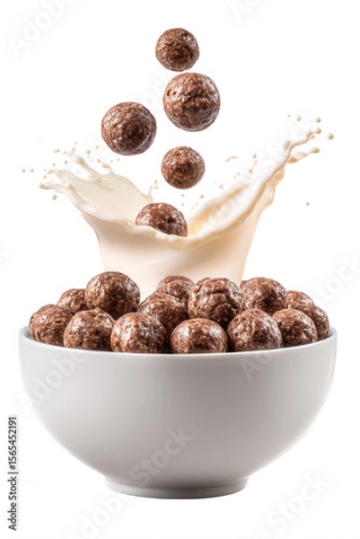 Fototapeta Chocolate Cereal with Milk Splash in White Bowl on Transparent Background