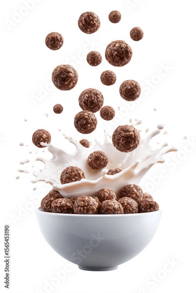 Fototapeta Chocolate Cereal with Milk Splash in White Bowl on Transparent Background