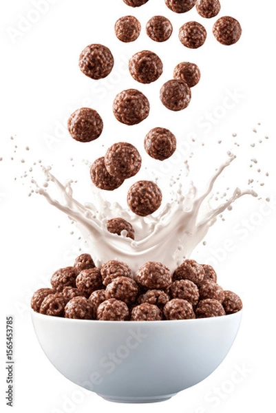 Fototapeta Chocolate Cereal with Milk Splash in White Bowl on Transparent Background
