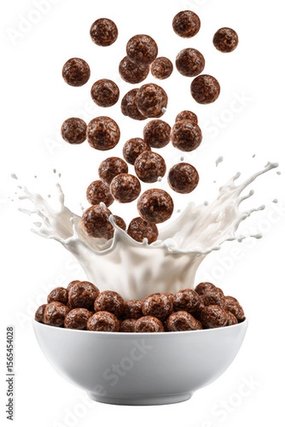 Fototapeta Chocolate Cereal with Milk Splash in White Bowl on Transparent Background