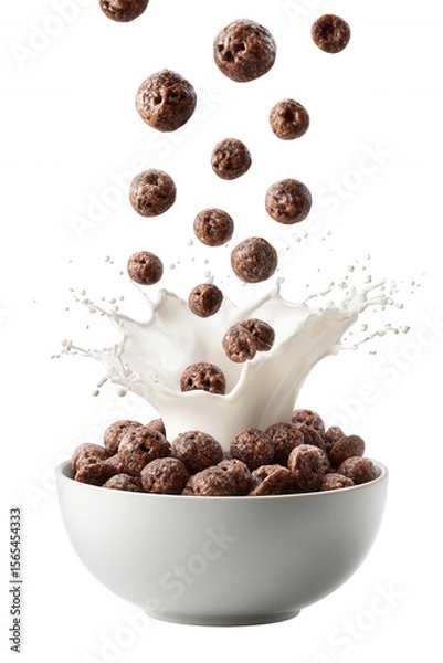 Fototapeta Chocolate Cereal with Milk Splash in White Bowl on Transparent Background