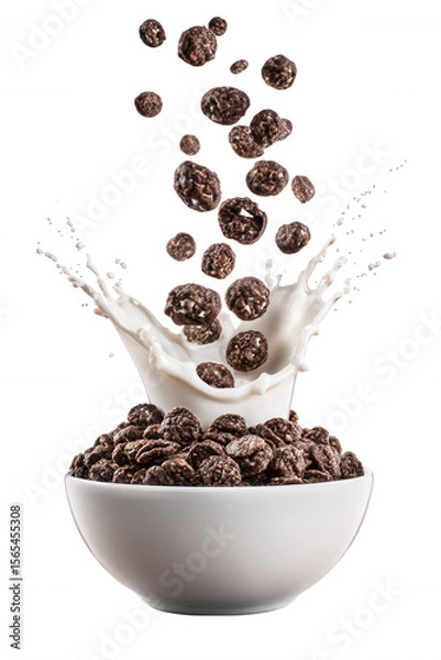 Fototapeta Chocolate Cereal with Milk Splash in White Bowl on Transparent Background