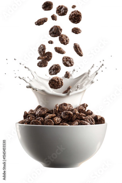Fototapeta Chocolate Cereal with Milk Splash in White Bowl on Transparent Background