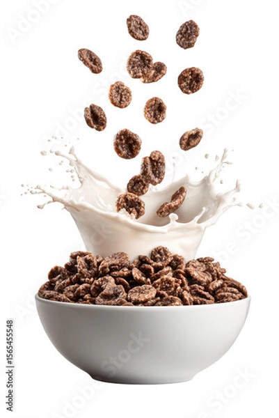 Fototapeta Chocolate Cereal with Milk Splash in White Bowl on Transparent Background