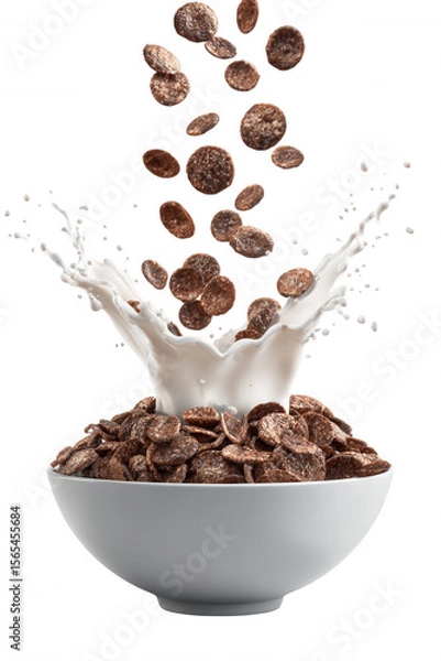 Fototapeta Chocolate Cereal with Milk Splash in White Bowl on Transparent Background