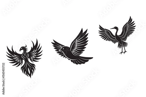 Fototapeta silhouette abstract bird and bird wing shape design set bundle on the white background