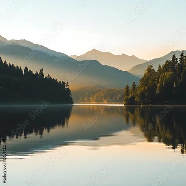 Fototapeta Twilight glow behind mountains mirrored on glassy lake high resolution picture
