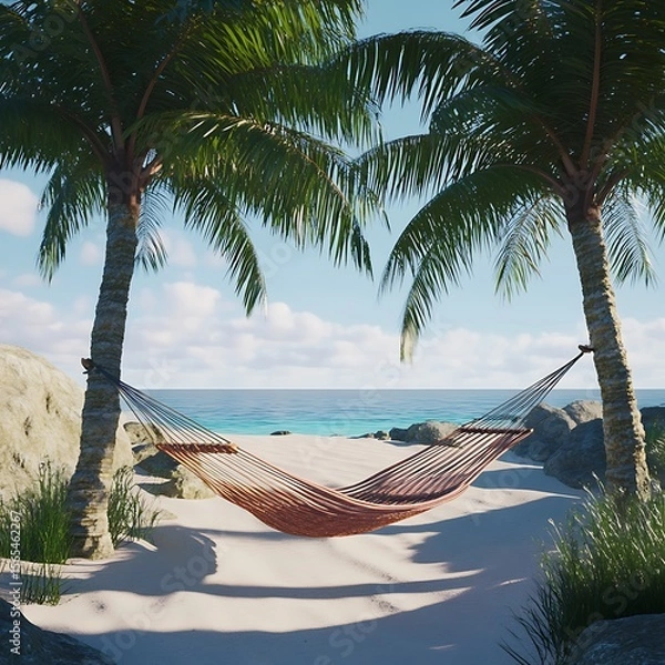 Fototapeta Tropical paradise with hammock waiting near calm ocean cove high resolution picture