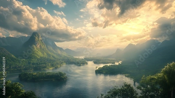 Fototapeta Aerial view of clouds reflecting over winding river high resolution picture