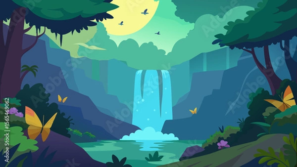 Obraz Serene Waterfall Landscape Lush Jungle, Butterflies, and Tranquil Serenity