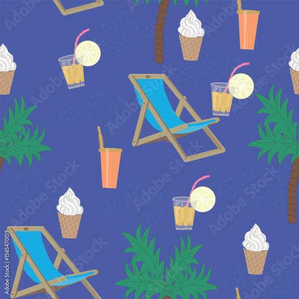 Fototapeta Seamless summer pattern with deck chairs, palm trees, and tropical cocktails on a vibrant purple background. Perfect for textile design, wrapping paper, or summer-themed branding. Colorful, playful.