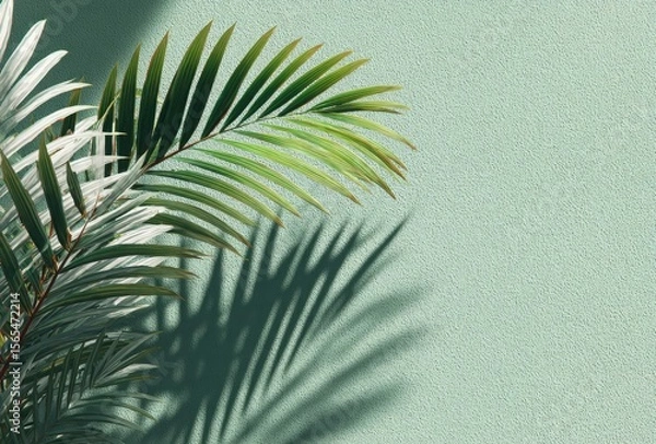 Fototapeta Soft - shadowed palm leaf on green background in flat lay style