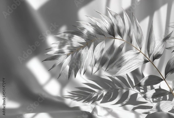 Fototapeta Soft-focus palm leaf and shadows in white  background