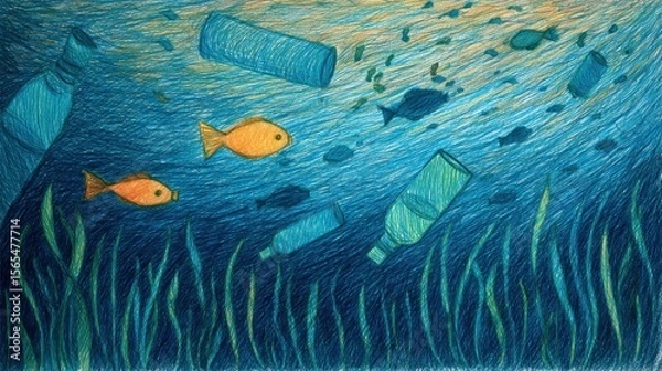 Fototapeta Underwater pollution with plastic bottles and fish
