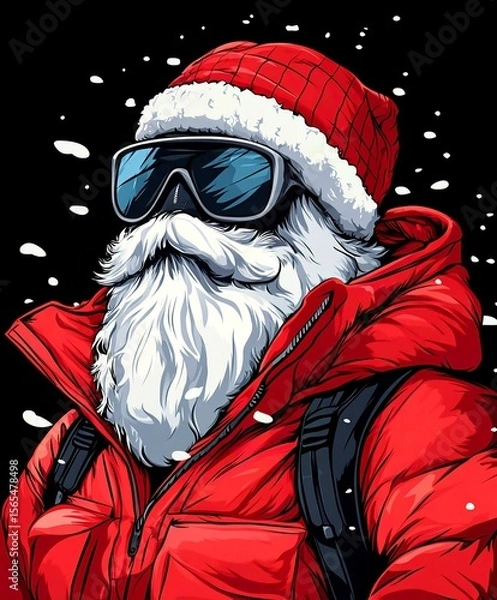 Obraz Winter Fun With Santa Claus Skiing on the Mountain with a Happy Child