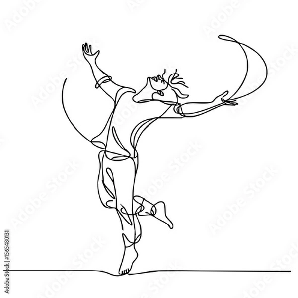 Fototapeta Carefree Mirth — ecstatic man in elegant theatrical pose, expressing boundless joy through minimalist single black line drawing. One line art.