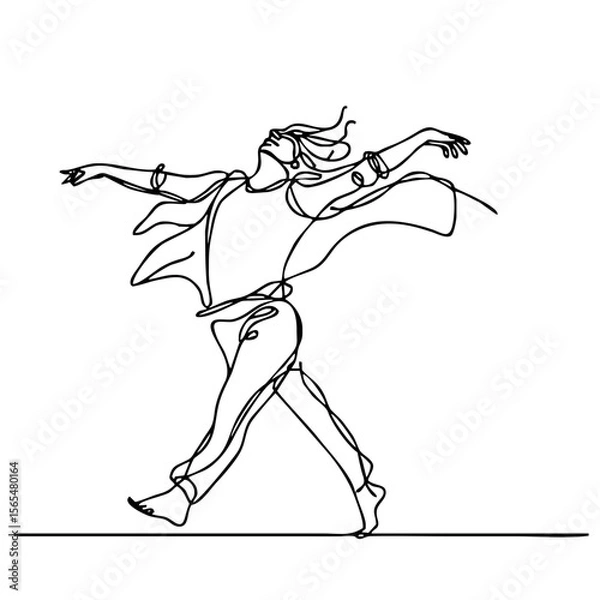 Fototapeta Carefree Mirth — ecstatic man in elegant theatrical pose, expressing boundless joy through minimalist single black line drawing. One line art.